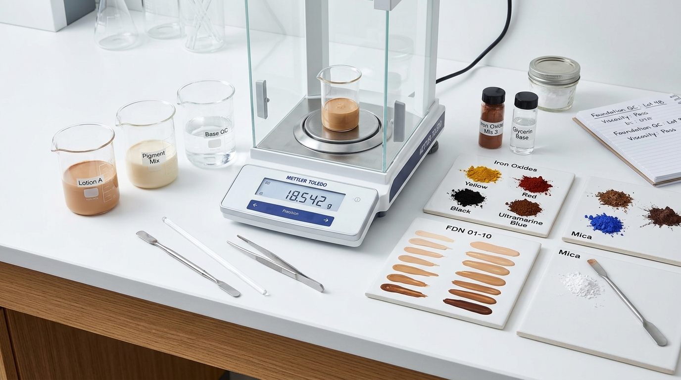 Cosmetic formulation bench with foundation shade swatches and scale